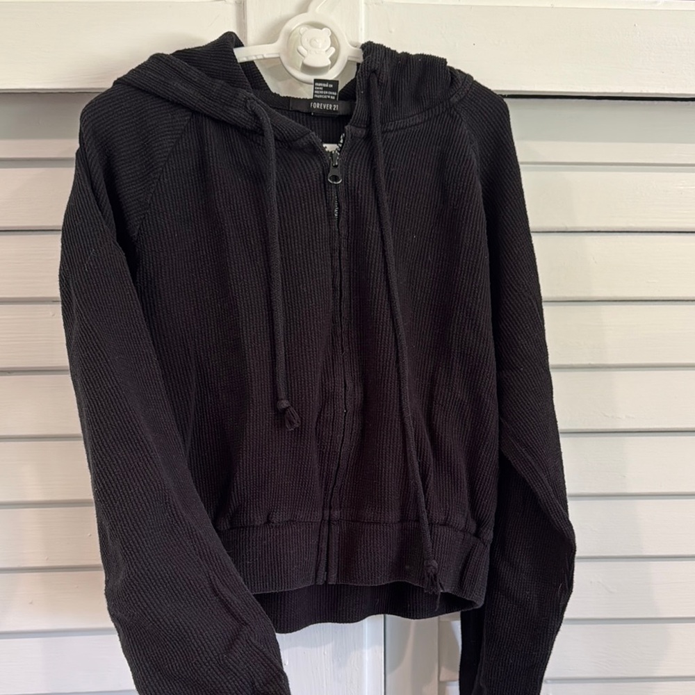 Forever 21 Black Waffle Cropped Hooded Zip Jacket